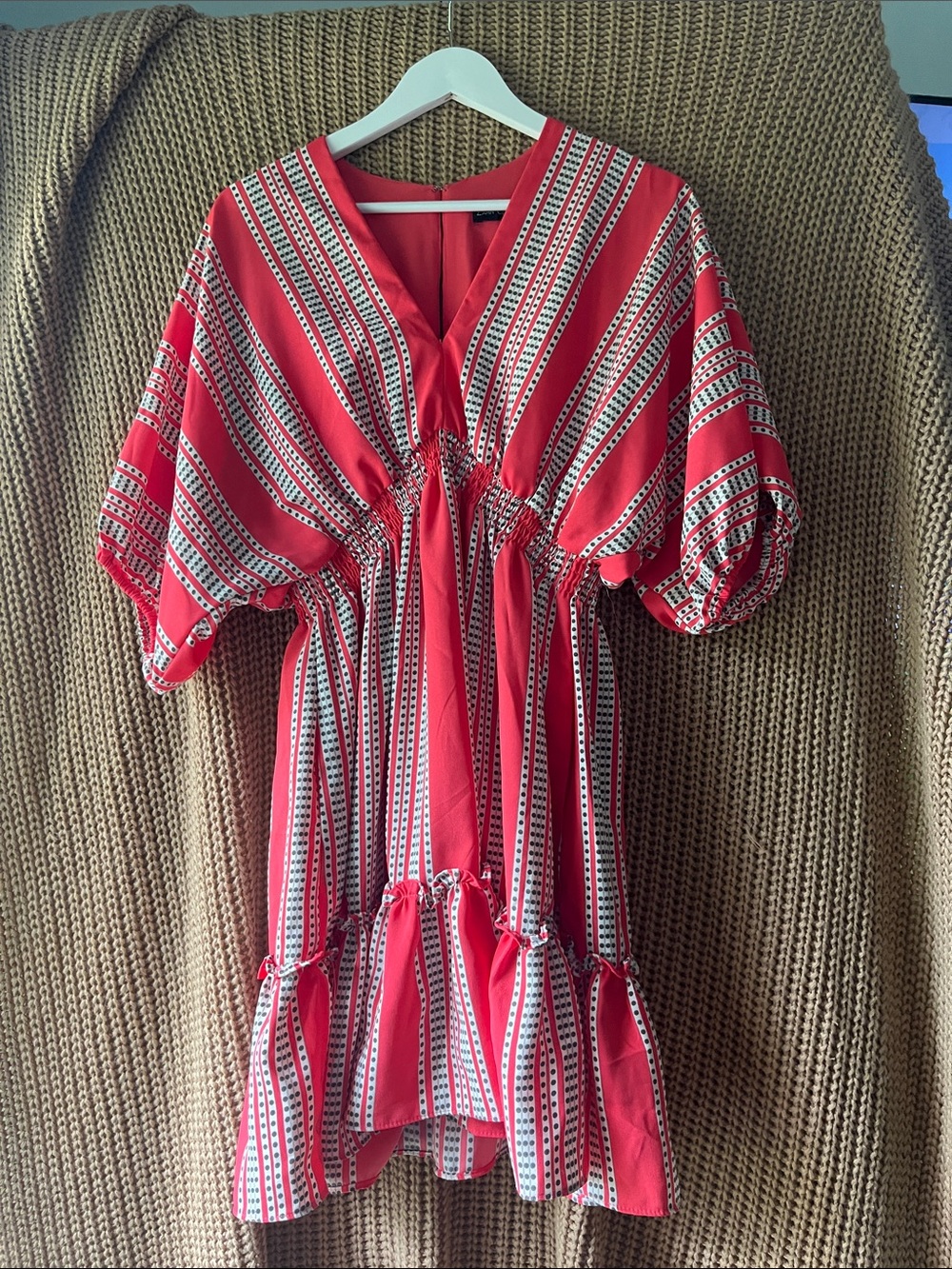 Red Striped V‑Neck Tiered Midi Dress
